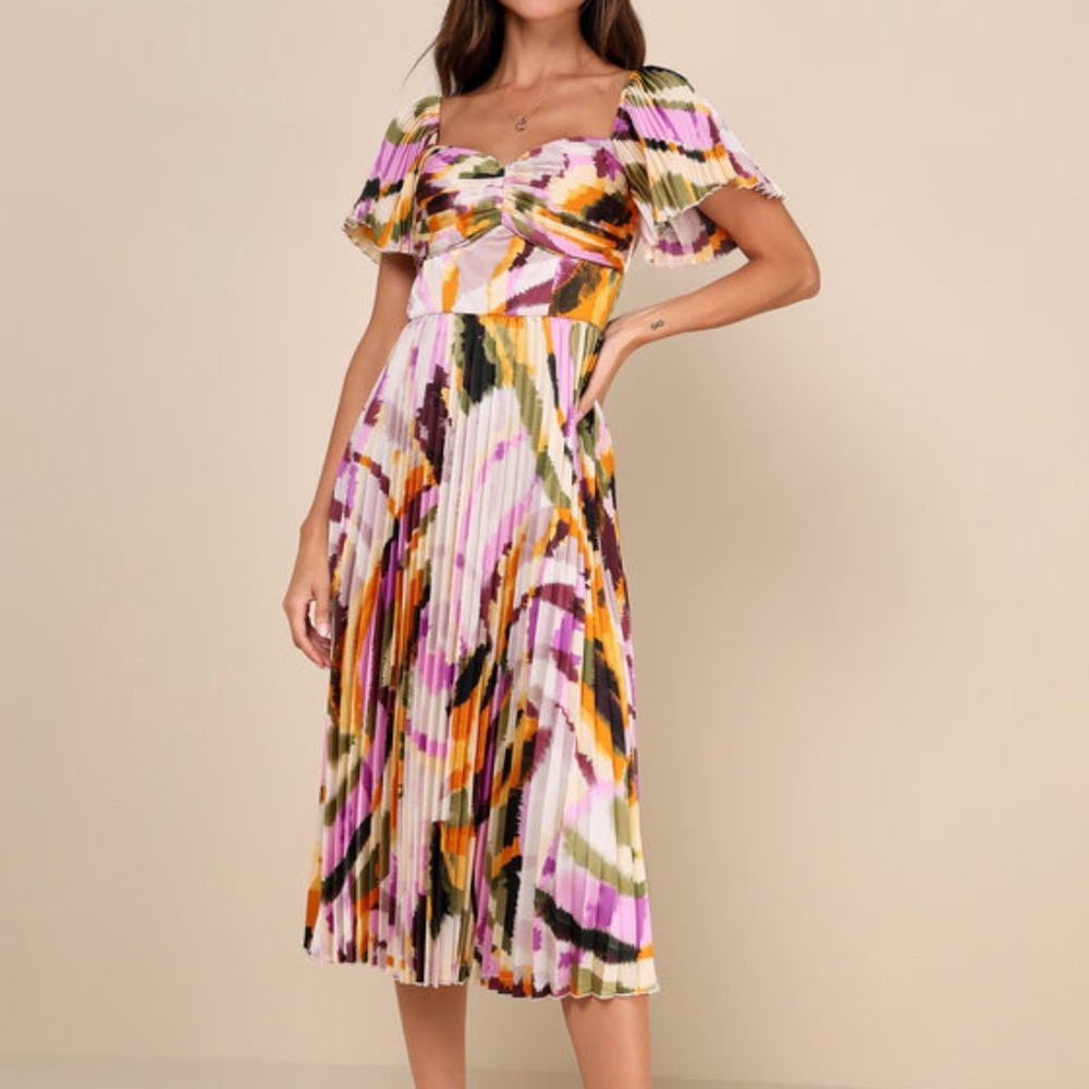 Lulus Authentically Yours Cream Multi Abstract Print Satin Midi Dress White